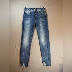 Desigual Blue Skinny Jeans with Pink & White Paint Splatter